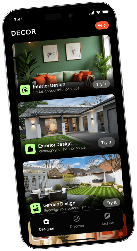 Decor app interface on iPhone showing interior design features