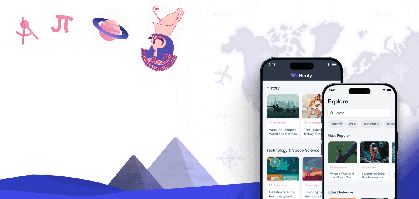 Nerdy app desktop showcase card with learn more message